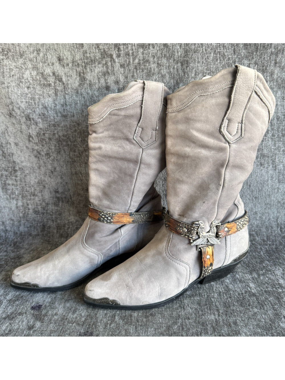 VTG Maine Woods Suede Western Boots Harness Eagle Buckle Feather Metal Toe Sz 8